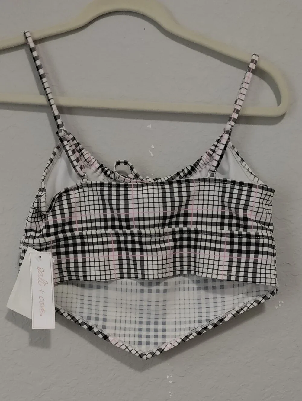 Salt + Cove Black, White and Light Pink Plaid Cropped Tank Top